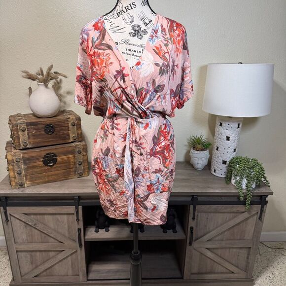 & Other Stories Faux Wrap V-Neck Floral Mini Dress Pink Sz 2 Tropical Resortwear - Picture 1 of 8